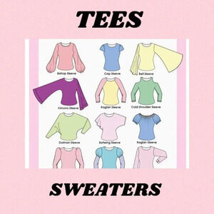 TEES TOPS TUNICS AND SWEATERS LISTED BELOW!